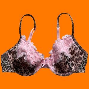 00's vintage leopard print mesh baby pink lace coquette y2k bra 34B express